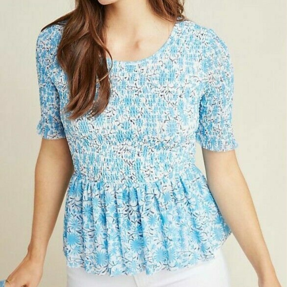 Maeve by Anthropologie Small Blue White Short Sleeve Ruffled Blouse Top